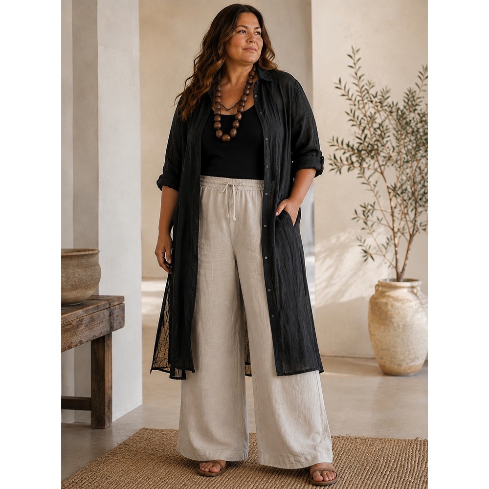 FLAX Women 100% Linen Long Duster Cardigan Coat Sz L Black Buttons Lagenlook